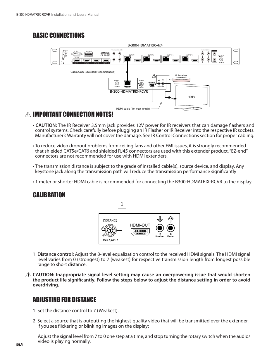 Basic connections calibration, Adjusting for distance | Staub Electronics B-300-HDMATRIX-RCVR BINARY - HDMI SINGLE CAT5E_6 RECEIVER FOR B-300 MATRIX User Manual | Page 4 / 8