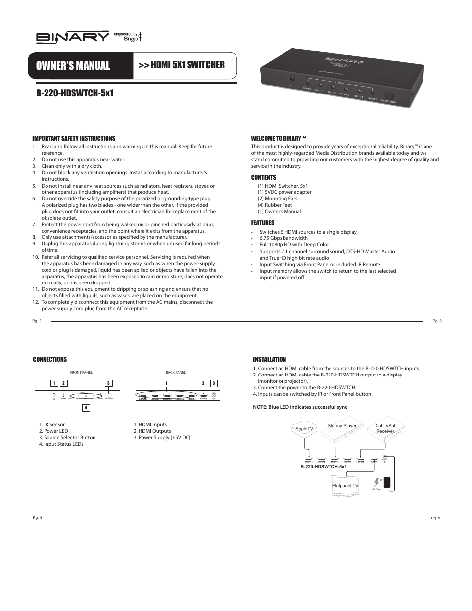 Staub Electronics B-220-HDSWTCH-5X1 BINARY - HDMI 5X1 SWITCHER User Manual | 2 pages
