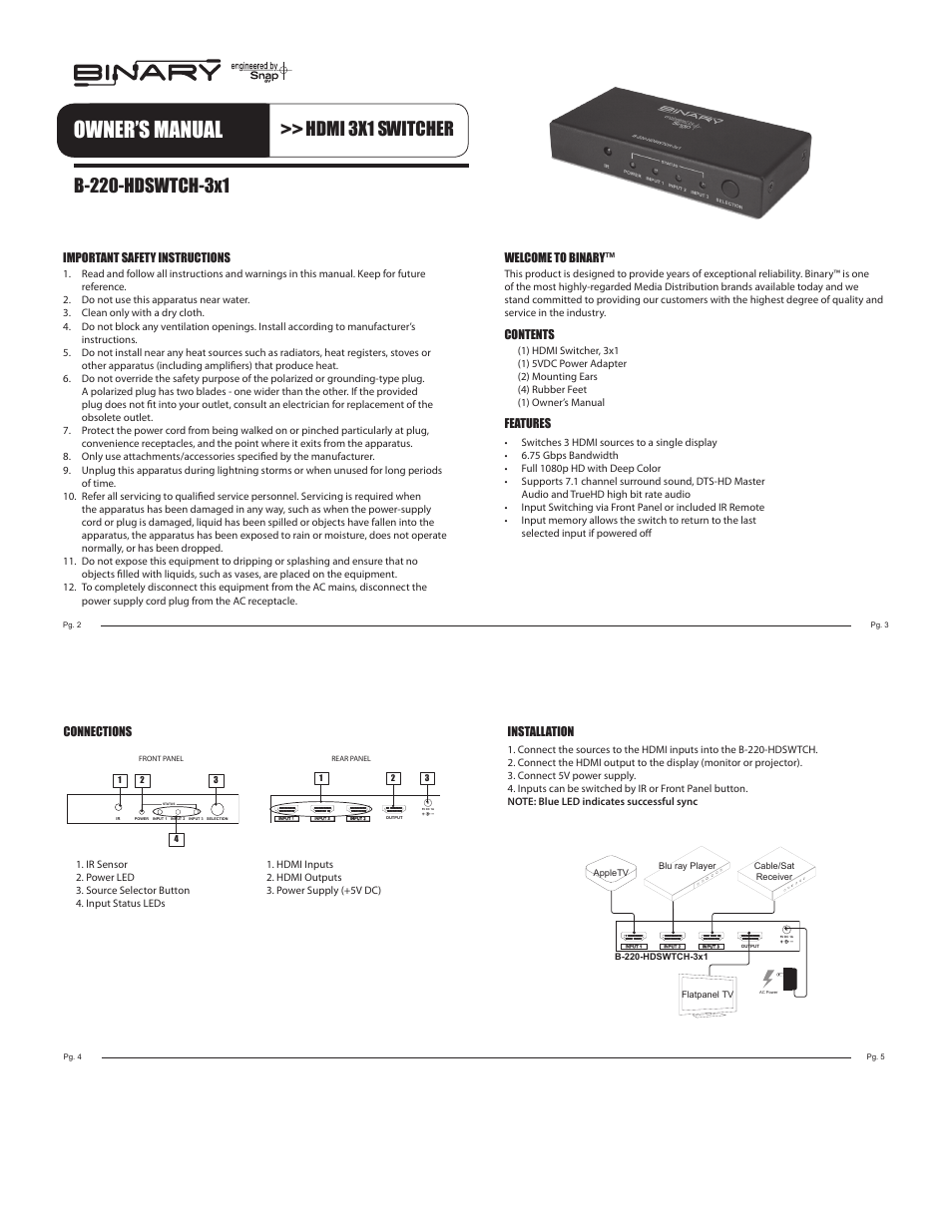 Staub Electronics B-220-HDSWTCH-3X1 BINARY - HDMI 3X1 SWITCHER User Manual | 2 pages