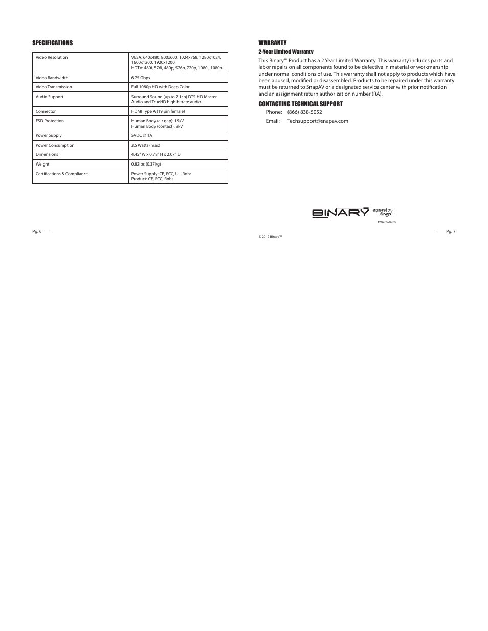 Warranty contacting technical support, Specifications | Staub Electronics B-220-HDSWTCH-3X1 BINARY - HDMI 3X1 SWITCHER User Manual | Page 2 / 2