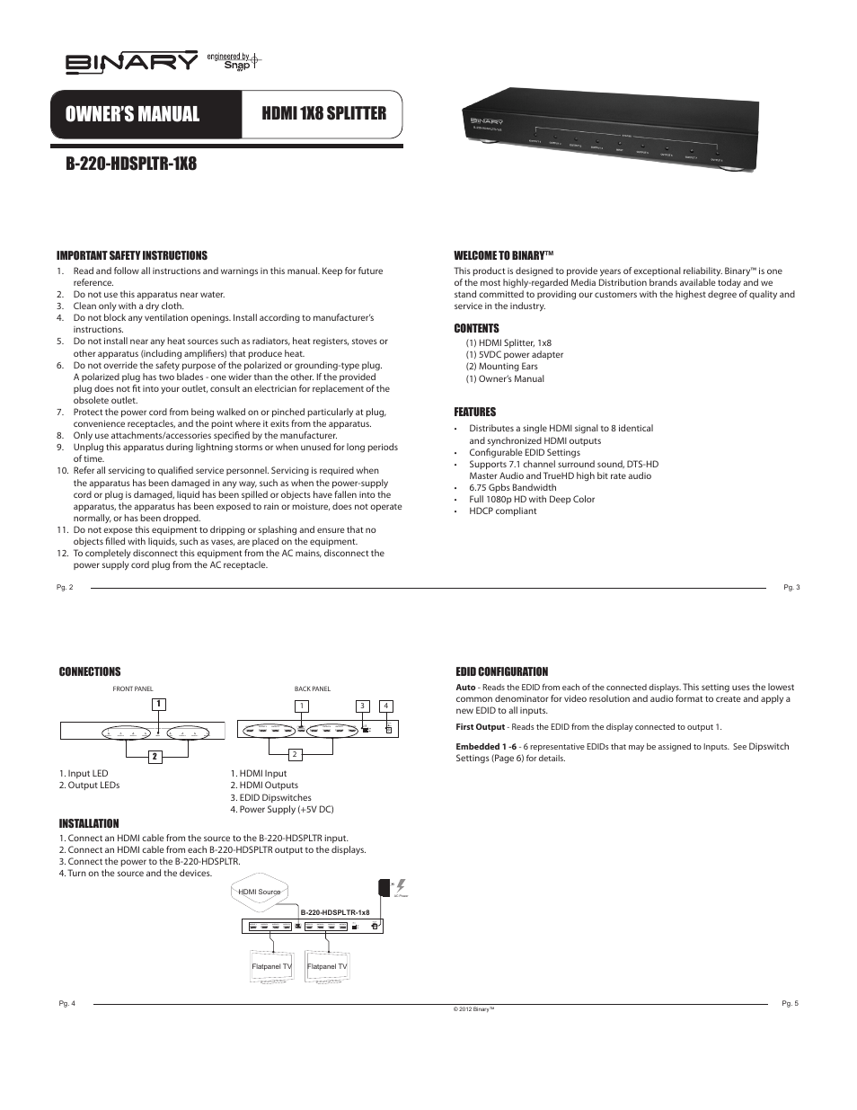 Staub Electronics B-220-HDSPLTR-1X8 BINARY - 1X8 HDMI SPLITTER SUPPORTS 3D AND DEEP COLOR User Manual | 2 pages