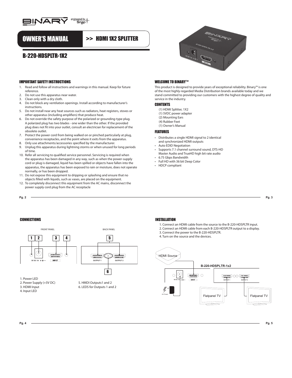 Staub Electronics B-220-HDSPLTR-1X2 BINARY - 1X2 HDMI SPLITTER SUPPORTS 3D AND DEEP COLOR User Manual | 2 pages