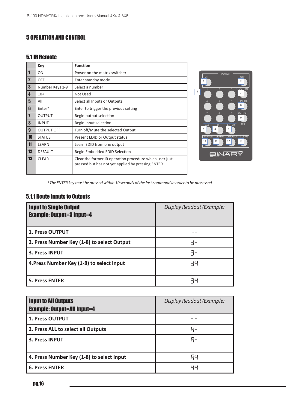 Input to single output example: output=3 input=4, Press output, Press number key (1-8) to select output | Press input, Press number key (1-8) to select input, Press enter, Input to all outputs example: output=all input=4, Press all to select all outputs, 5 operation and control 5.1 ir remote, Display readout (example) | Staub Electronics B-100-HDMATRIX-4X4 BINARY - HDMI 4X4 MATRIX SWITCH WITH HDMI OUTPUTS User Manual | Page 16 / 21