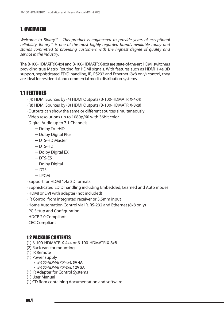 Overview, 1 features | Staub Electronics B-100-HDMATRIX-4X4 BINARY - HDMI 4X4 MATRIX SWITCH WITH HDMI OUTPUTS User Manual | Page 4 / 21