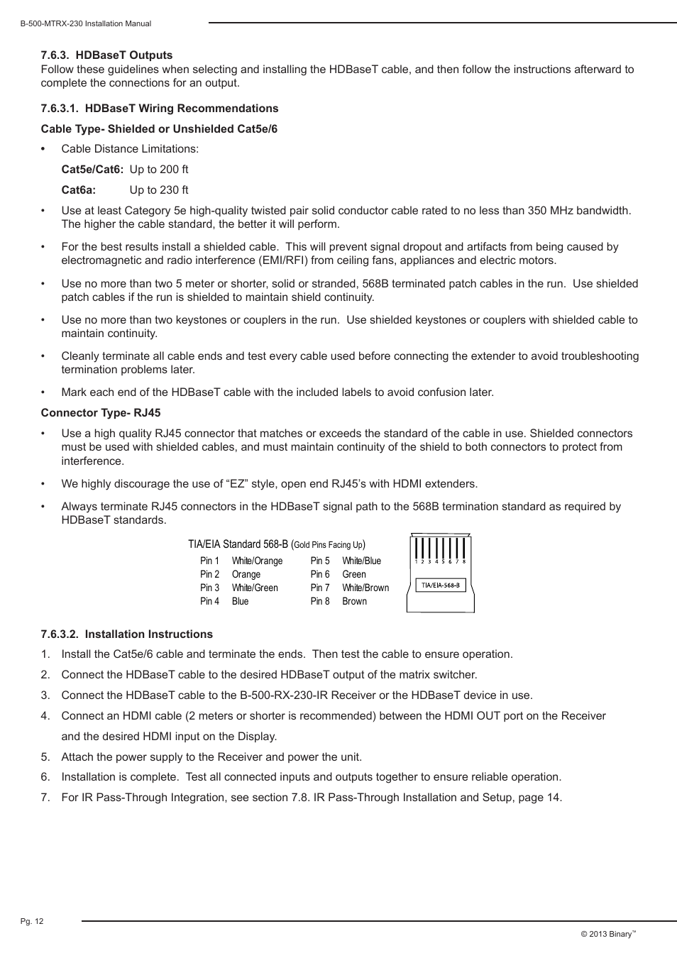 Staub Electronics B-500-MTRX-230-8X16 BINARY - HDMI 8X16 MATRIX SWITCH WITH HDMI AND HDBASET OUTPUTS User Manual | Page 12 / 32
