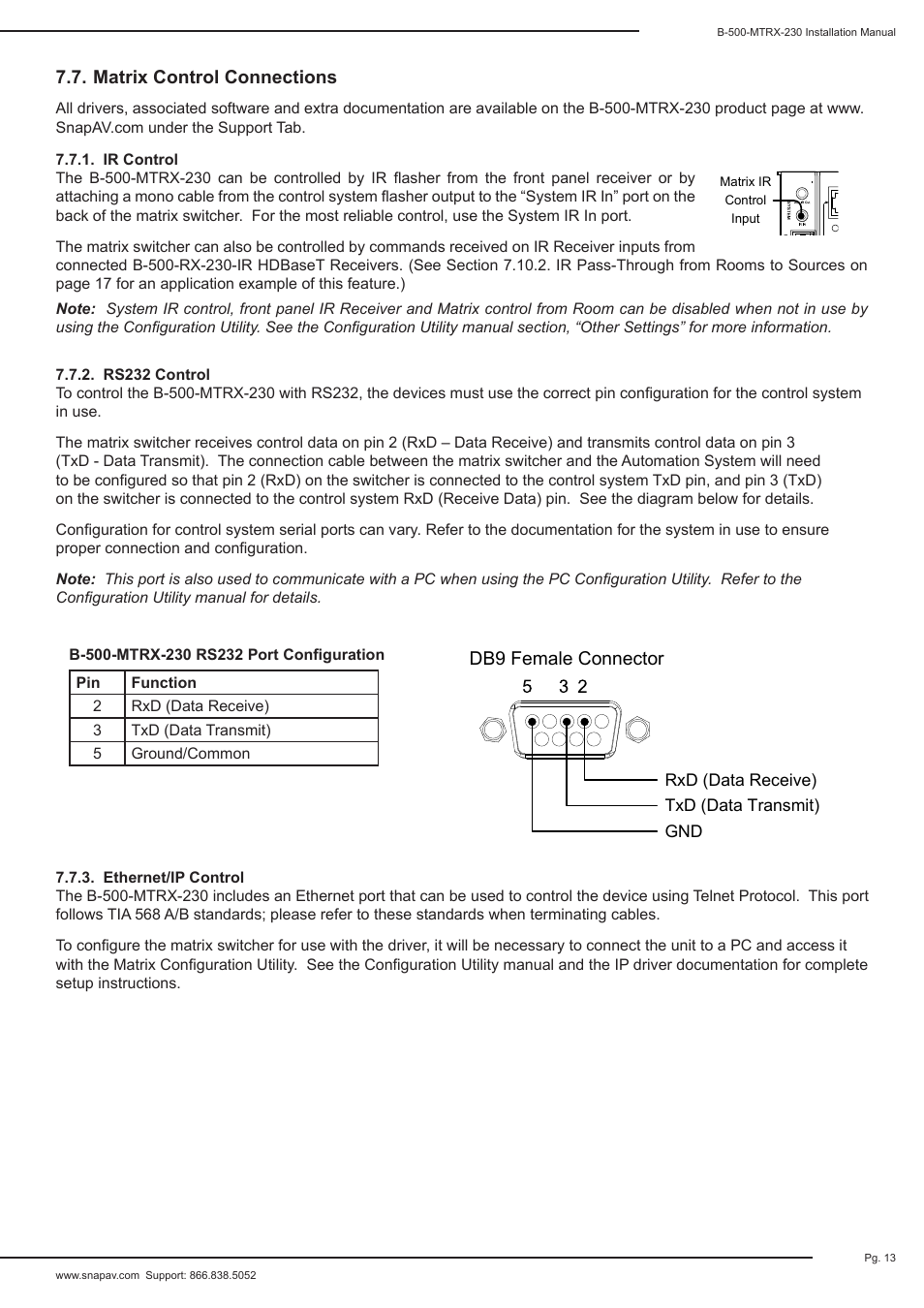 Matrix control connections, Db9 female connector | Staub Electronics B-500-MTRX-230-8X16 BINARY - HDMI 8X16 MATRIX SWITCH WITH HDMI AND HDBASET OUTPUTS User Manual | Page 13 / 32