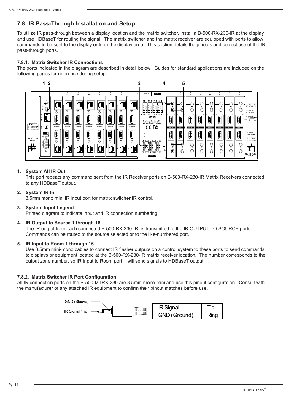 Ir pass-through installation and setup, Ir signal tip gnd (ground) ring | Staub Electronics B-500-MTRX-230-8X16 BINARY - HDMI 8X16 MATRIX SWITCH WITH HDMI AND HDBASET OUTPUTS User Manual | Page 14 / 32