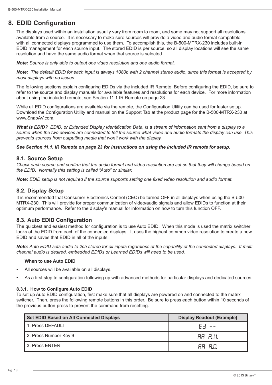 Edid configuration | Staub Electronics B-500-MTRX-230-8X16 BINARY - HDMI 8X16 MATRIX SWITCH WITH HDMI AND HDBASET OUTPUTS User Manual | Page 18 / 32