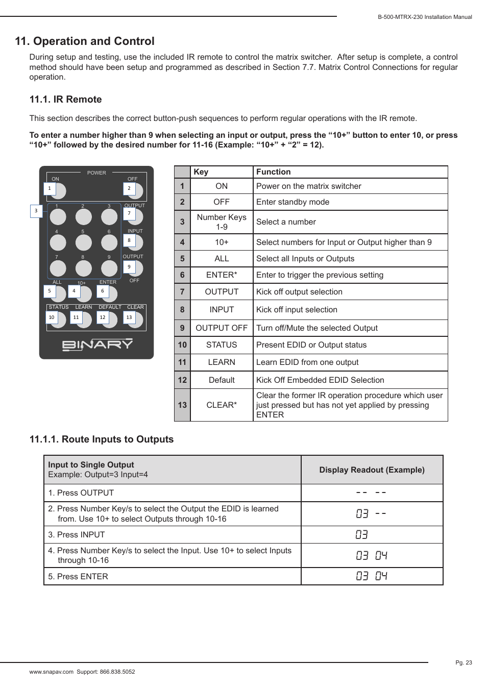 Operation and control, Ir remote 11.1.1. route inputs to outputs | Staub Electronics B-500-MTRX-230-8X16 BINARY - HDMI 8X16 MATRIX SWITCH WITH HDMI AND HDBASET OUTPUTS User Manual | Page 23 / 32