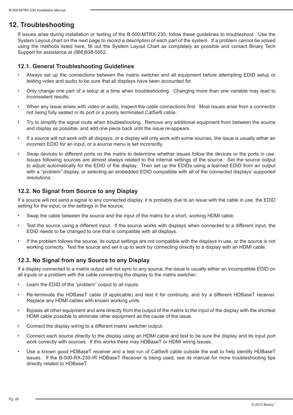 Troubleshooting | Staub Electronics B-500-MTRX-230-8X16 BINARY - HDMI 8X16 MATRIX SWITCH WITH HDMI AND HDBASET OUTPUTS User Manual | Page 26 / 32