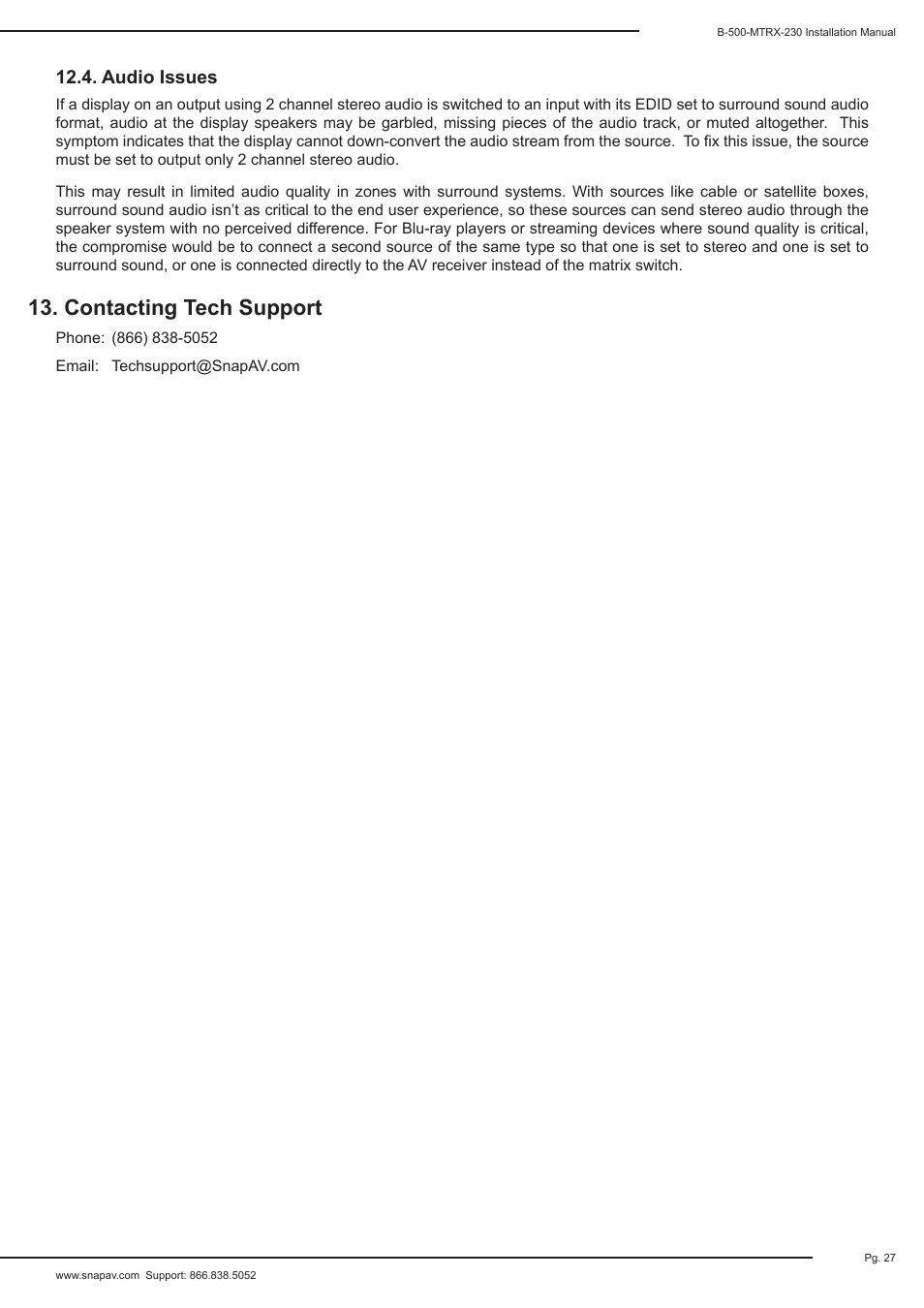 Contacting tech support | Staub Electronics B-500-MTRX-230-8X16 BINARY - HDMI 8X16 MATRIX SWITCH WITH HDMI AND HDBASET OUTPUTS User Manual | Page 27 / 32