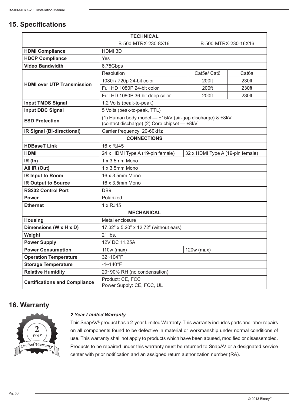 Specifications 16. warranty, Year | Staub Electronics B-500-MTRX-230-8X16 BINARY - HDMI 8X16 MATRIX SWITCH WITH HDMI AND HDBASET OUTPUTS User Manual | Page 30 / 32
