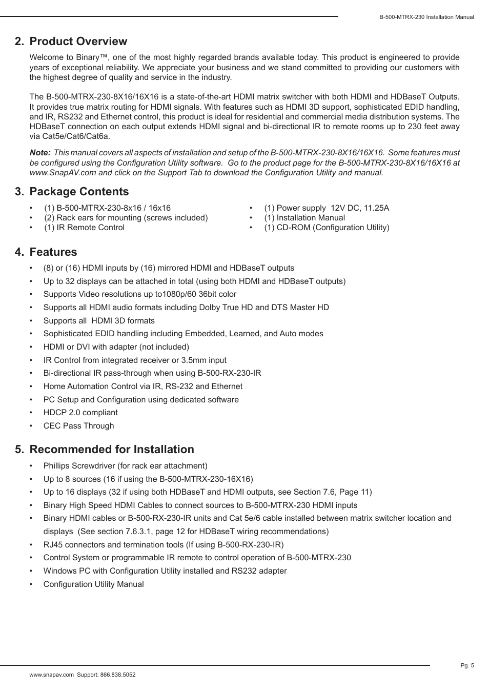 Product overview, Features, Recommended for installation | Package contents | Staub Electronics B-500-MTRX-230-8X16 BINARY - HDMI 8X16 MATRIX SWITCH WITH HDMI AND HDBASET OUTPUTS User Manual | Page 5 / 32