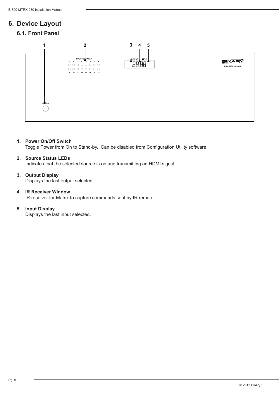 Device layout, Front panel | Staub Electronics B-500-MTRX-230-8X16 BINARY - HDMI 8X16 MATRIX SWITCH WITH HDMI AND HDBASET OUTPUTS User Manual | Page 6 / 32