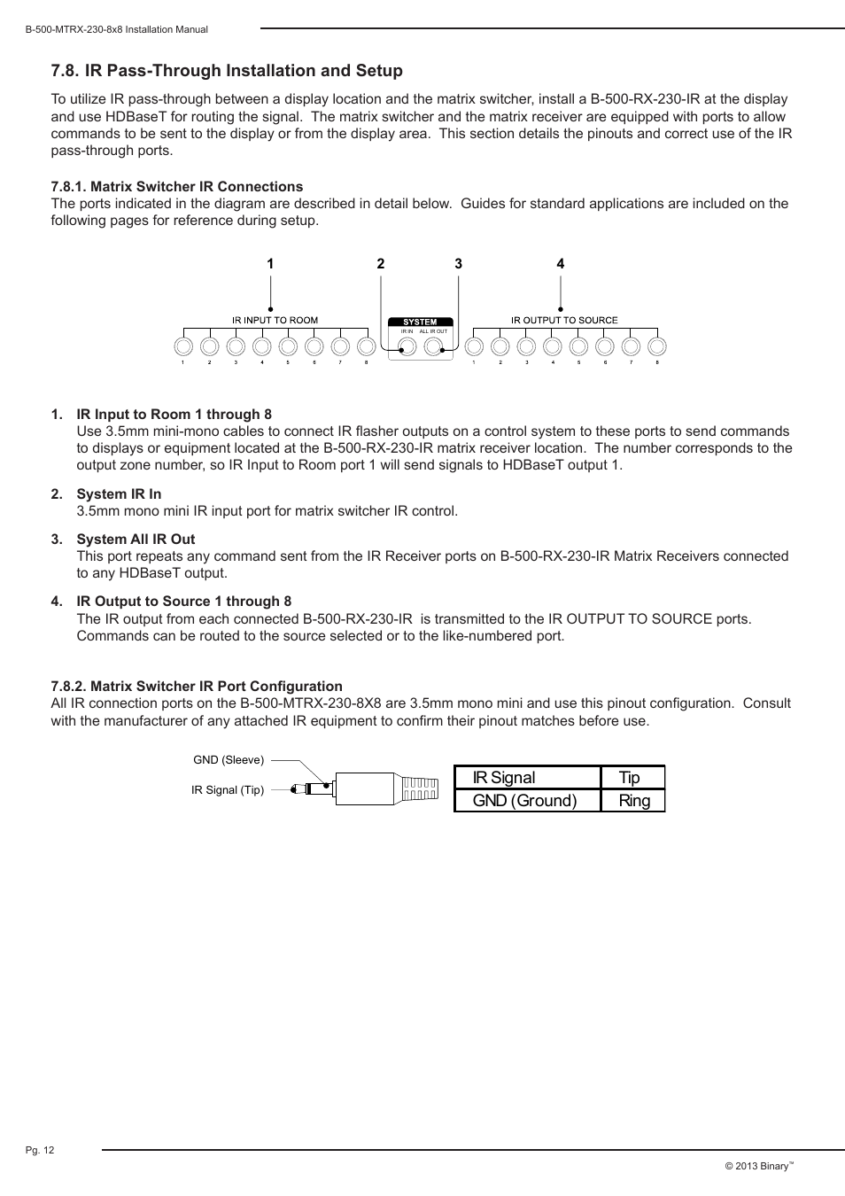 Ir pass-through installation and setup, Ir signal tip gnd (ground) ring | Staub Electronics B-500-MTRX-230-8X8 BINARY - HDMI 8X8 MATRIX SWITCH WITH HDMI AND HDBASET OUTPUTS User Manual | Page 12 / 28