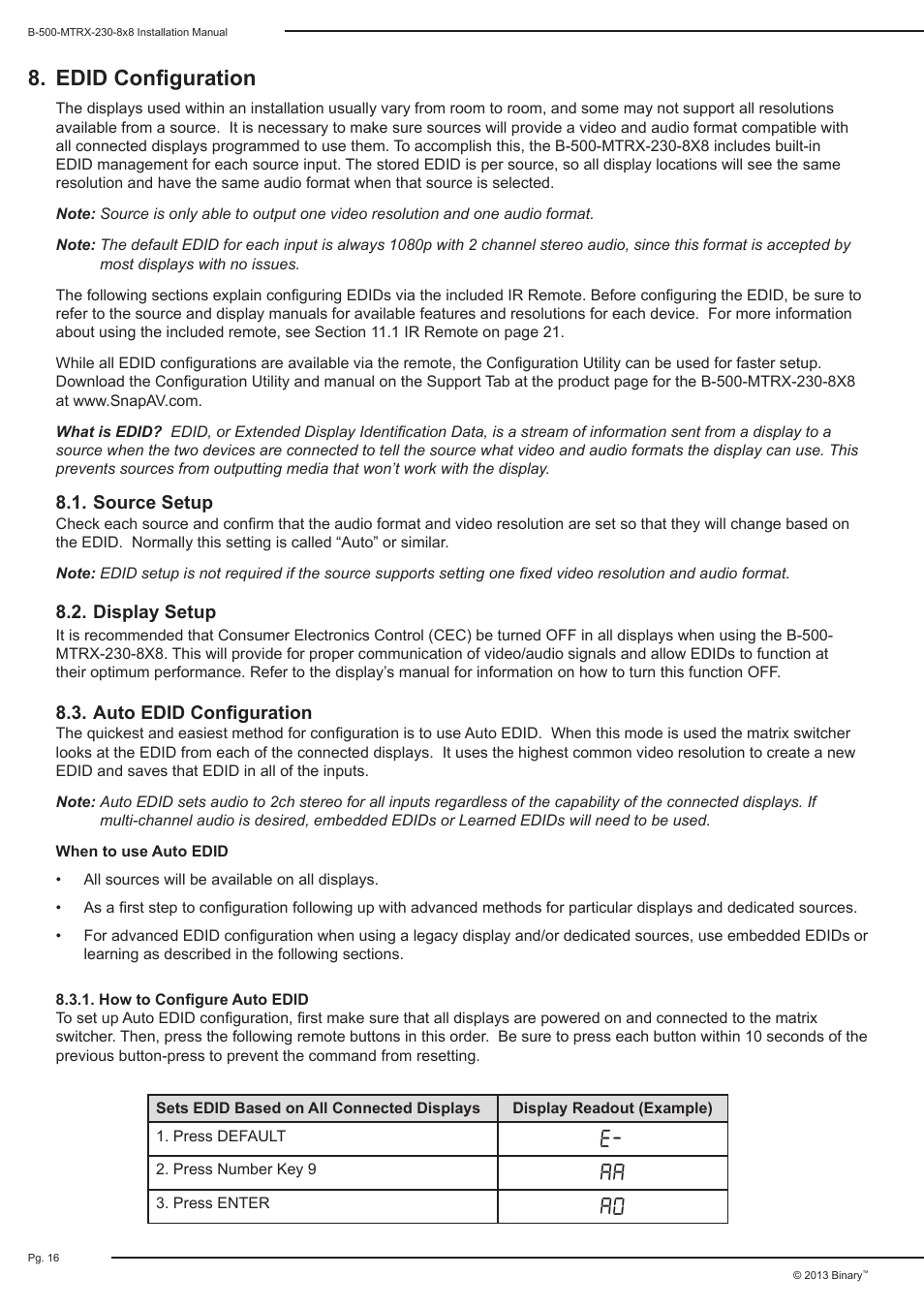 Edid configuration | Staub Electronics B-500-MTRX-230-8X8 BINARY - HDMI 8X8 MATRIX SWITCH WITH HDMI AND HDBASET OUTPUTS User Manual | Page 16 / 28