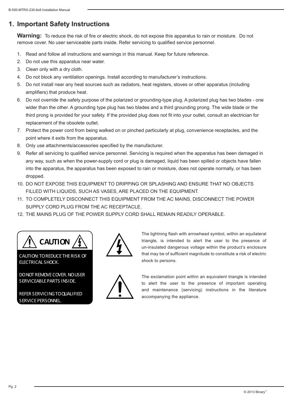 Caution, Important safety instructions | Staub Electronics B-500-MTRX-230-8X8 BINARY - HDMI 8X8 MATRIX SWITCH WITH HDMI AND HDBASET OUTPUTS User Manual | Page 2 / 28