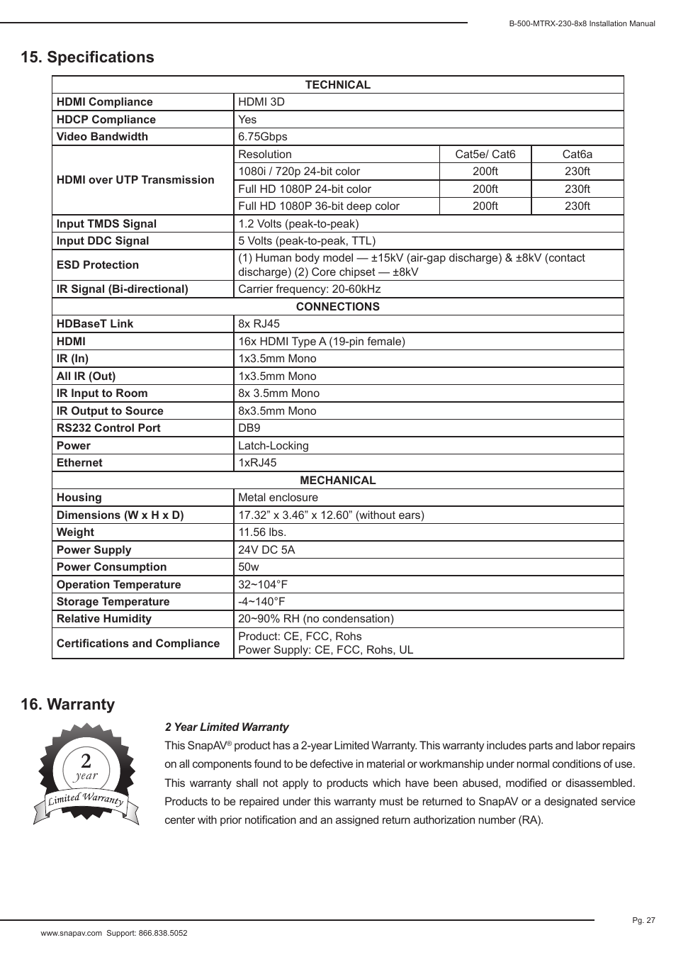 Specifications 16. warranty, Year | Staub Electronics B-500-MTRX-230-8X8 BINARY - HDMI 8X8 MATRIX SWITCH WITH HDMI AND HDBASET OUTPUTS User Manual | Page 27 / 28