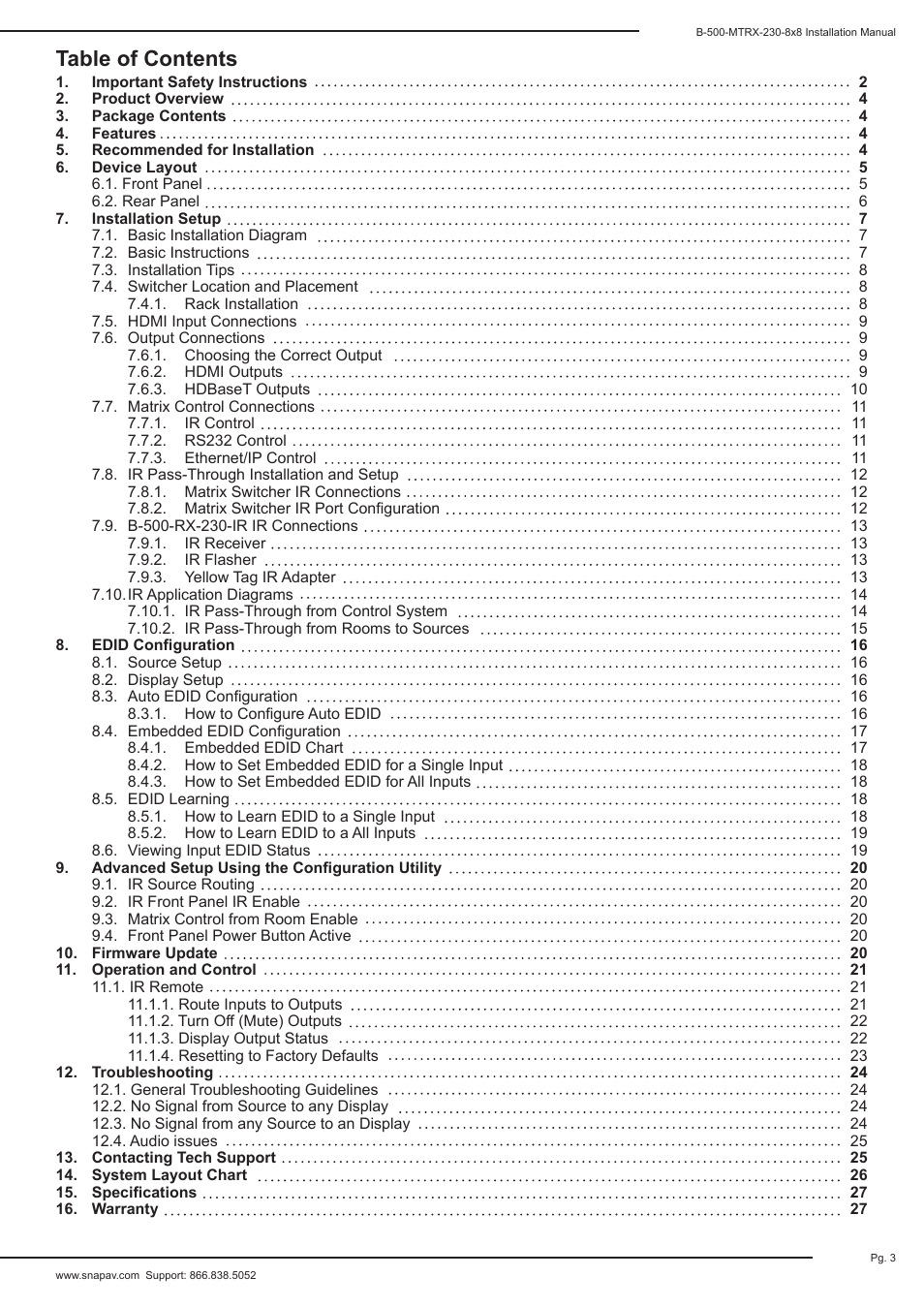 Staub Electronics B-500-MTRX-230-8X8 BINARY - HDMI 8X8 MATRIX SWITCH WITH HDMI AND HDBASET OUTPUTS User Manual | Page 3 / 28