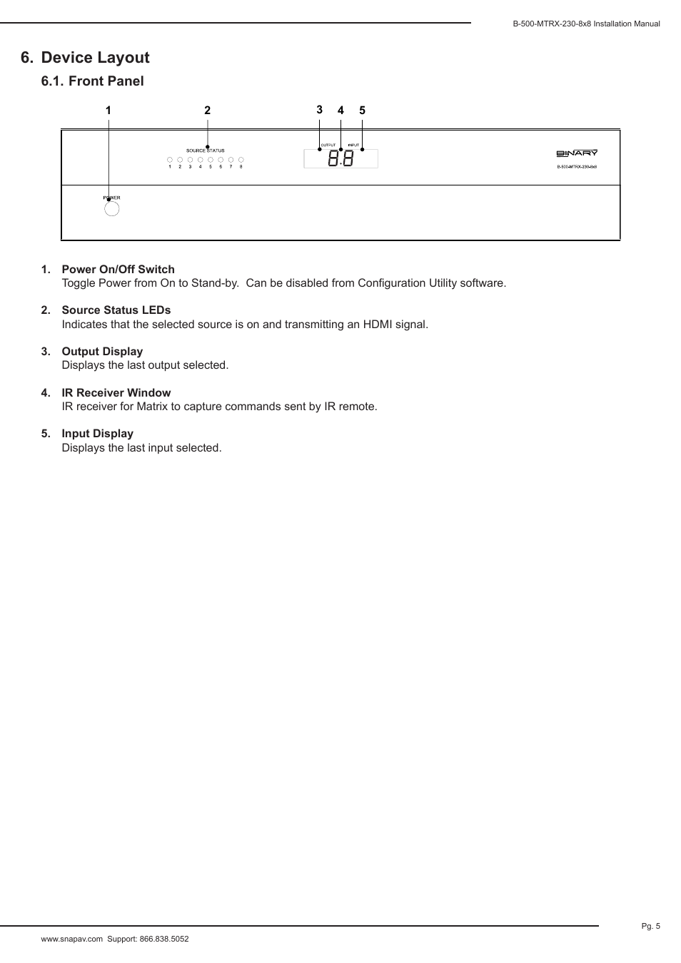Device layout | Staub Electronics B-500-MTRX-230-8X8 BINARY - HDMI 8X8 MATRIX SWITCH WITH HDMI AND HDBASET OUTPUTS User Manual | Page 5 / 28