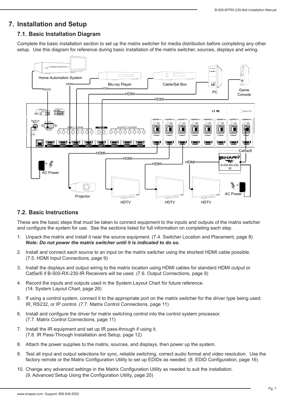 Installation and setup, Basic installation diagram 7.2. basic instructions | Staub Electronics B-500-MTRX-230-8X8 BINARY - HDMI 8X8 MATRIX SWITCH WITH HDMI AND HDBASET OUTPUTS User Manual | Page 7 / 28