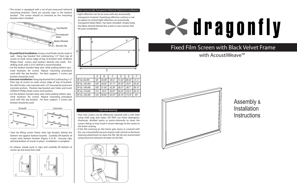 Staub Electronics DF-SL-120-AW_HC DRAGONFLY - 120 IN. ACOUSTIWEAVE FILM SCREEN W_BLACK VELVET FRAME (16:9) User Manual | 2 pages