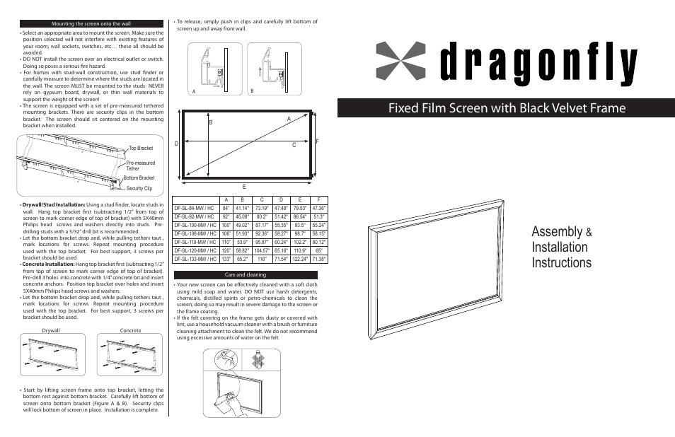 Staub Electronics DF-SL-100-HC DRAGONFLY - 100 IN. HIGH CONTRAST FILM SCREEN W_BLACK VELVET FRAME (HDTV) User Manual | 2 pages