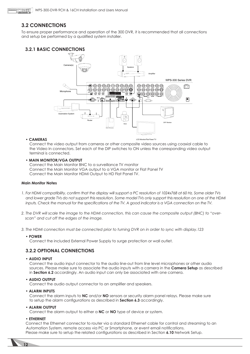 2 connections, 1 basic connections, 2 optional connections | Staub Electronics WPS-300-DVR-16CH WIREPATH - 16 CHANNEL DVR WITH 1TB HDD User Manual | Page 12 / 115