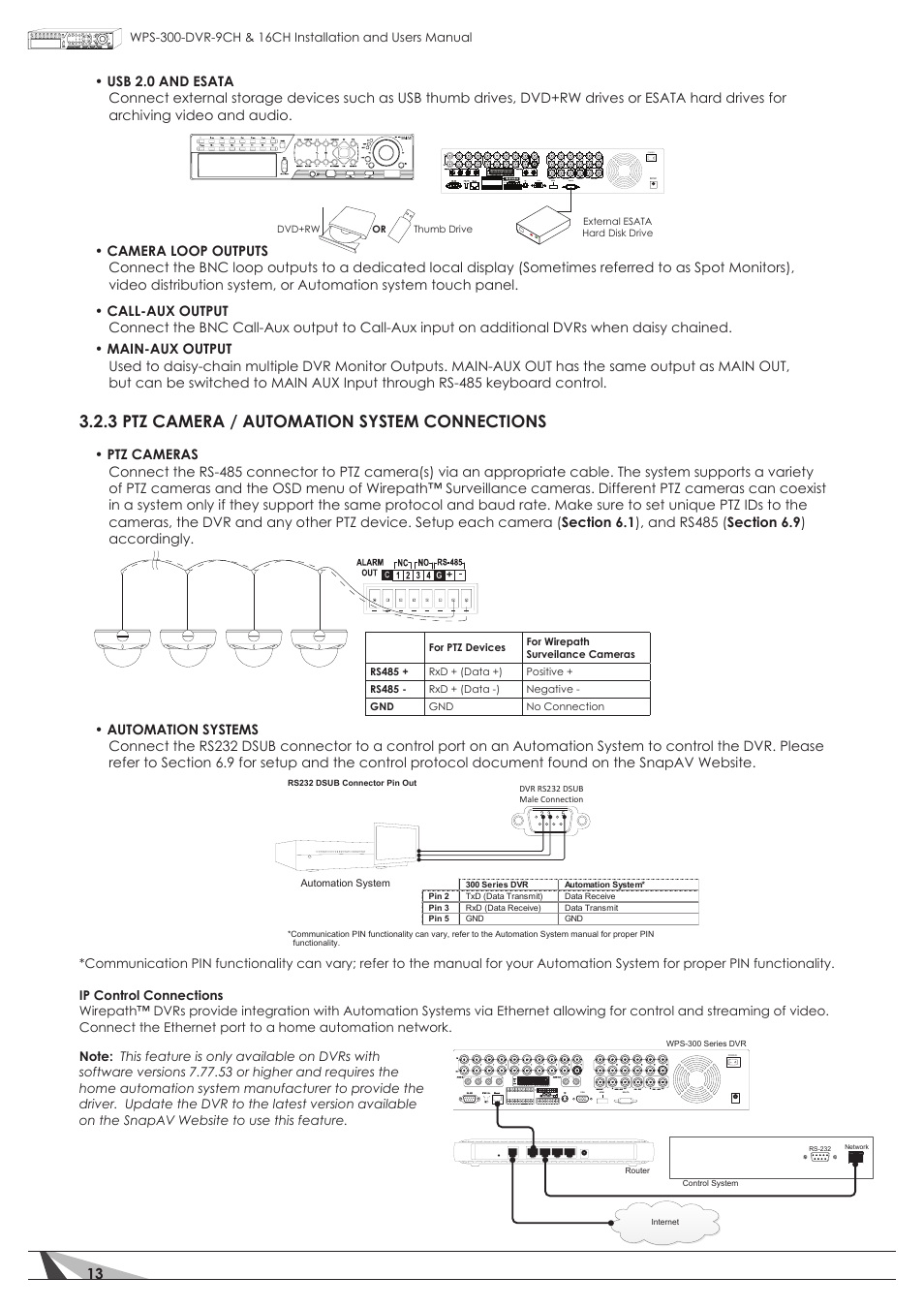 3 ptz camera / automation system connections, Power | Staub Electronics WPS-300-DVR-16CH WIREPATH - 16 CHANNEL DVR WITH 1TB HDD User Manual | Page 13 / 115