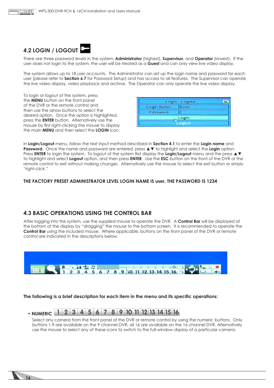 2 login / logout, 3 basic operations using the control bar | Staub Electronics WPS-300-DVR-16CH WIREPATH - 16 CHANNEL DVR WITH 1TB HDD User Manual | Page 16 / 115