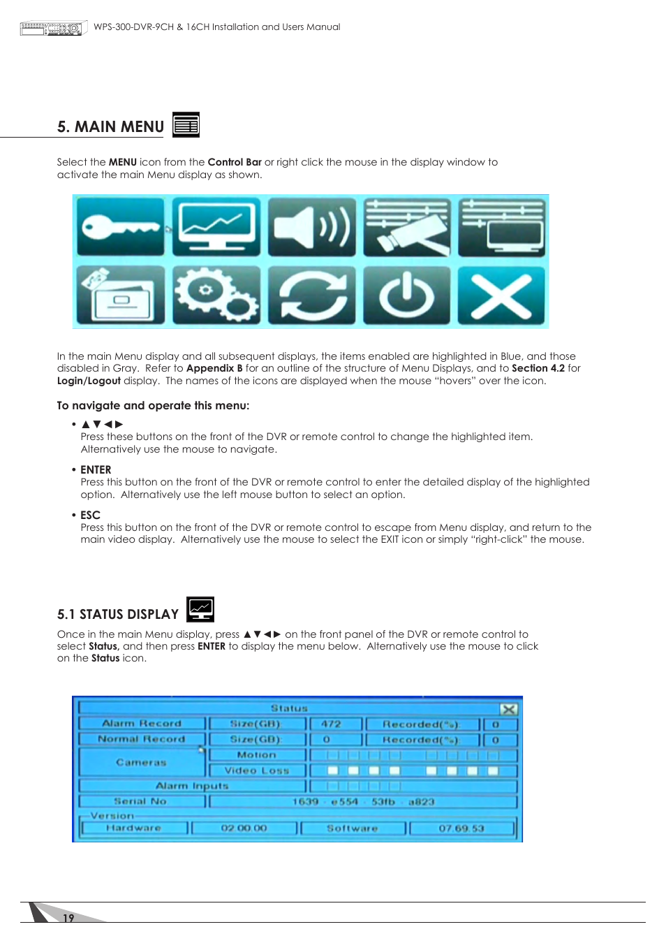 Main menu, 1 status display | Staub Electronics WPS-300-DVR-16CH WIREPATH - 16 CHANNEL DVR WITH 1TB HDD User Manual | Page 19 / 115