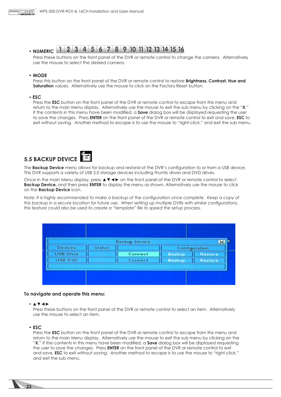 5 backup device | Staub Electronics WPS-300-DVR-16CH WIREPATH - 16 CHANNEL DVR WITH 1TB HDD User Manual | Page 23 / 115