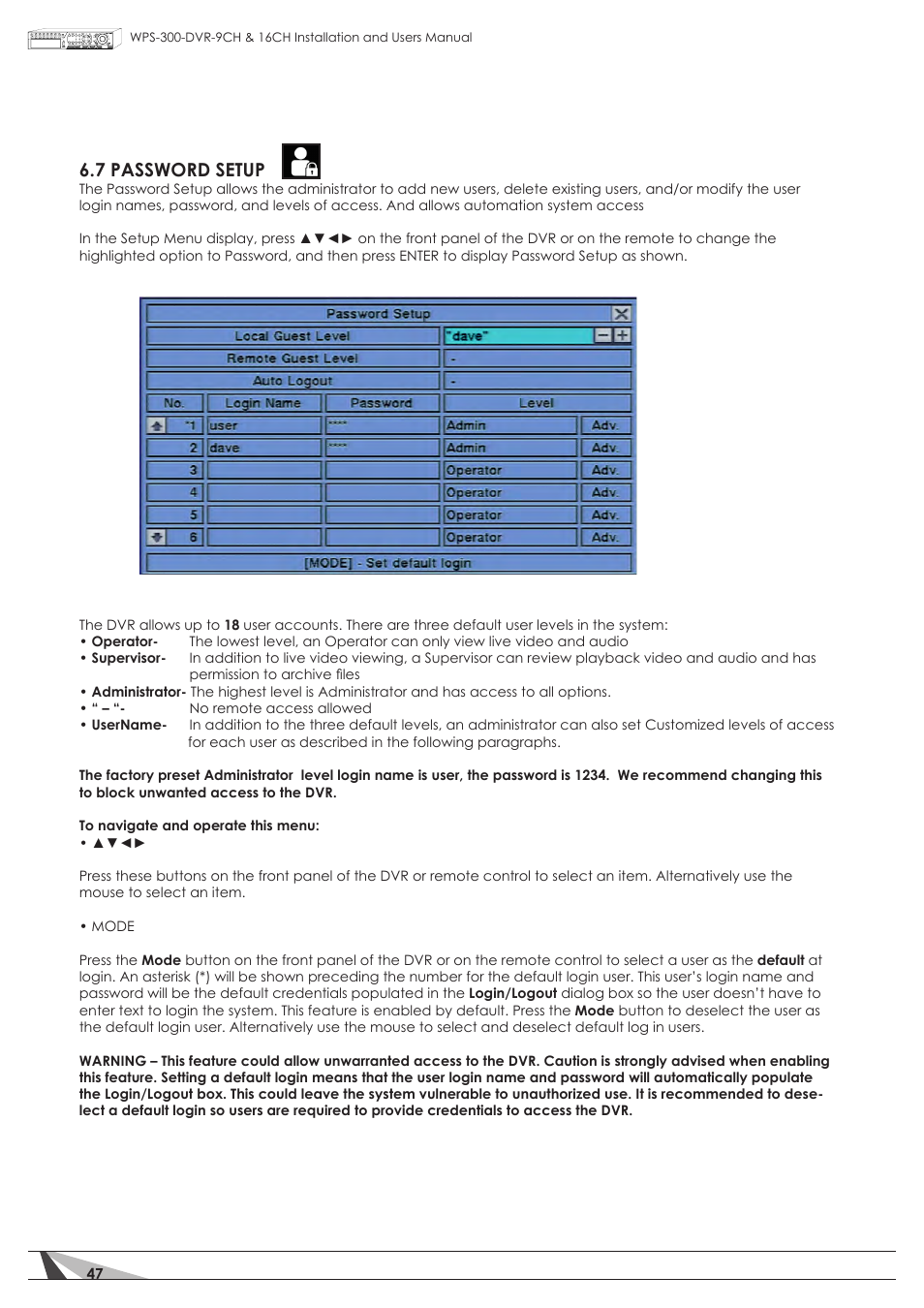 7 password setup | Staub Electronics WPS-300-DVR-16CH WIREPATH - 16 CHANNEL DVR WITH 1TB HDD User Manual | Page 47 / 115