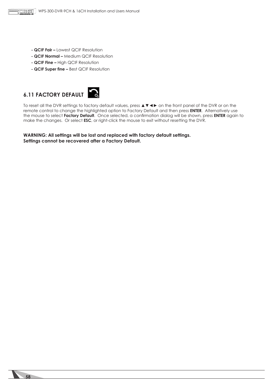 11 factory default | Staub Electronics WPS-300-DVR-16CH WIREPATH - 16 CHANNEL DVR WITH 1TB HDD User Manual | Page 58 / 115