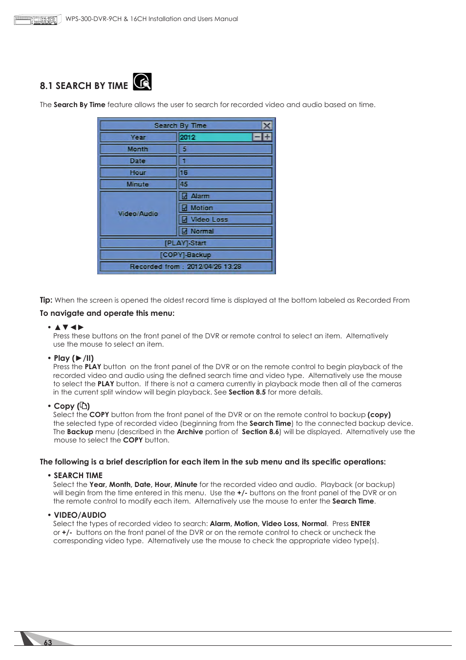 1 search by time | Staub Electronics WPS-300-DVR-16CH WIREPATH - 16 CHANNEL DVR WITH 1TB HDD User Manual | Page 63 / 115