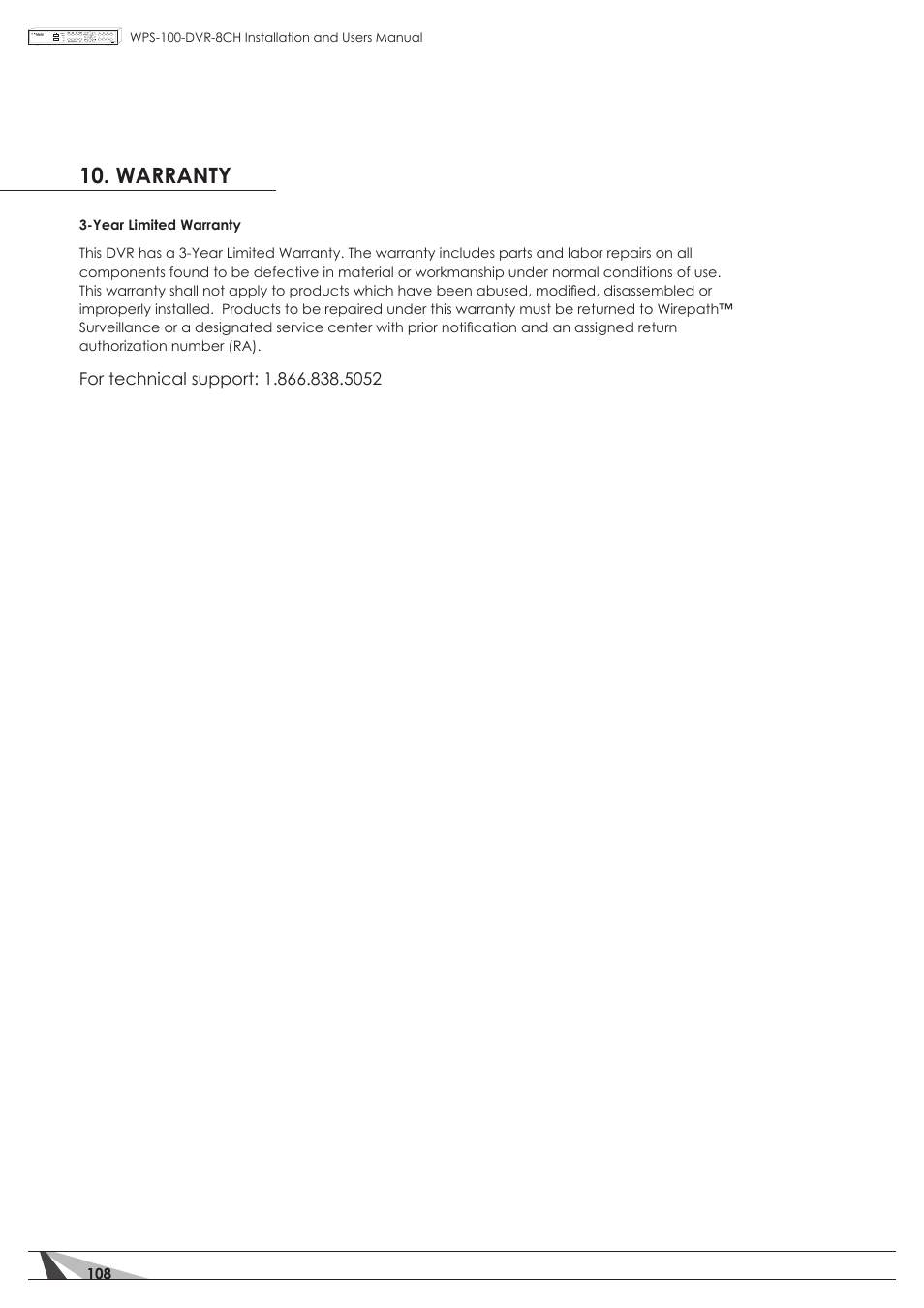 Warranty | Staub Electronics WPS-100-DVR-8CH WIREPATH - 8 CHANNEL DVR W_500GB HDD User Manual | Page 108 / 115