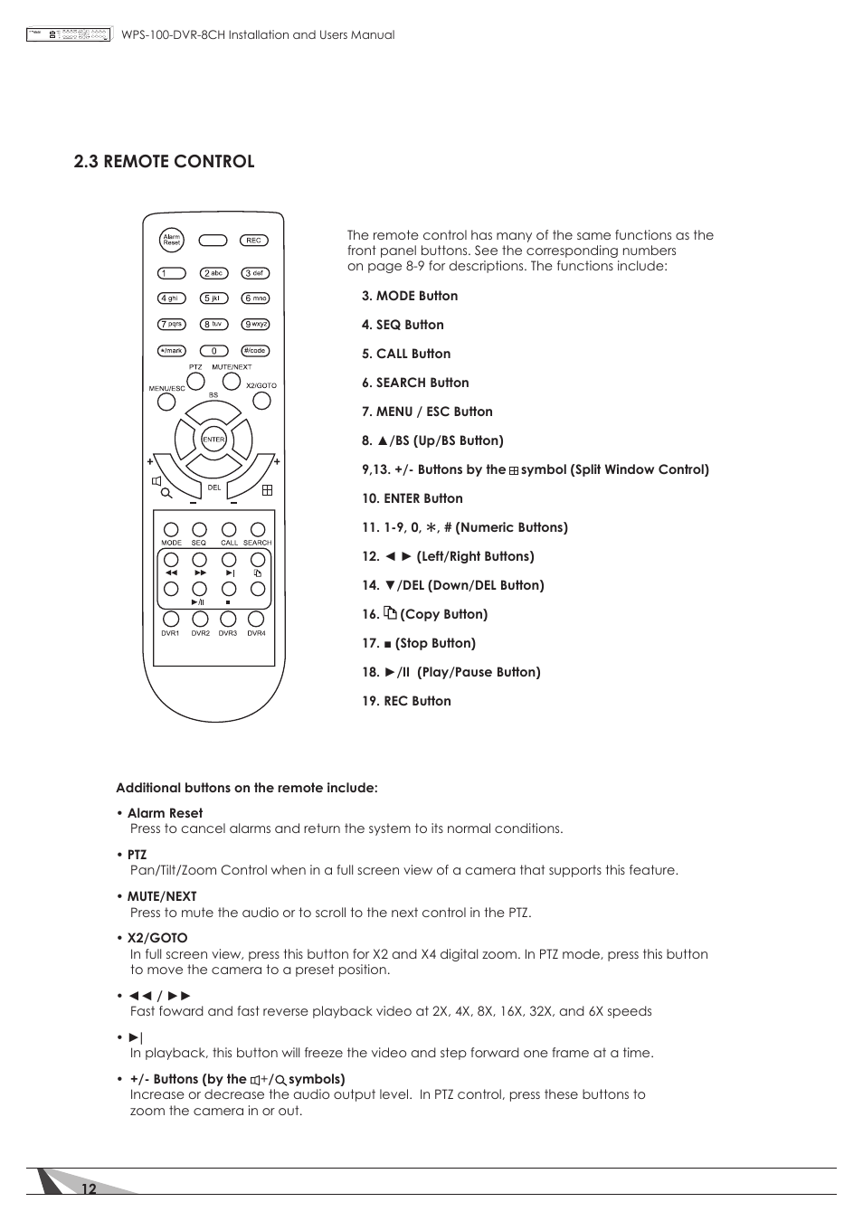 3 remote control | Staub Electronics WPS-100-DVR-8CH WIREPATH - 8 CHANNEL DVR W_500GB HDD User Manual | Page 12 / 115