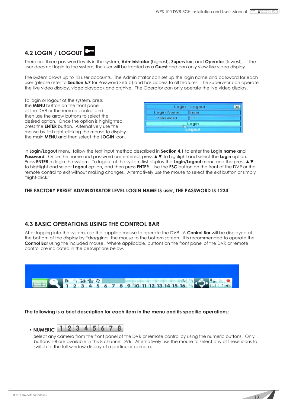 2 login / logout, 3 basic operations using the control bar | Staub Electronics WPS-100-DVR-8CH WIREPATH - 8 CHANNEL DVR W_500GB HDD User Manual | Page 17 / 115