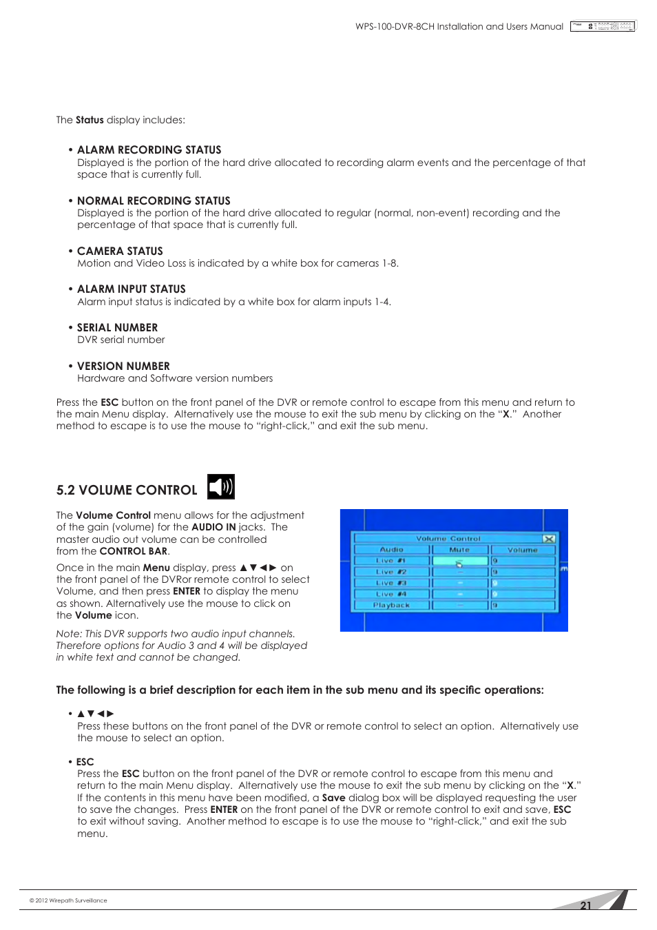 2 volume control | Staub Electronics WPS-100-DVR-8CH WIREPATH - 8 CHANNEL DVR W_500GB HDD User Manual | Page 21 / 115