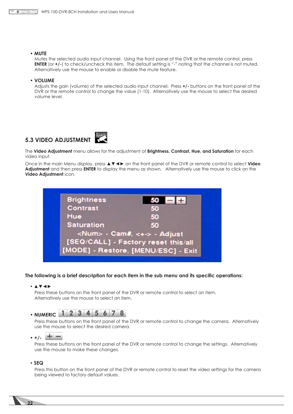 3 video adjustment | Staub Electronics WPS-100-DVR-8CH WIREPATH - 8 CHANNEL DVR W_500GB HDD User Manual | Page 22 / 115