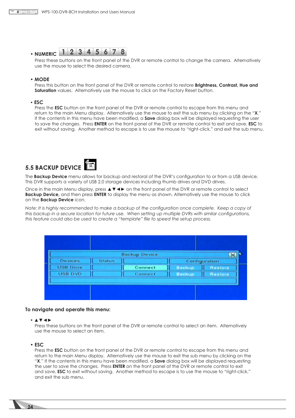 5 backup device | Staub Electronics WPS-100-DVR-8CH WIREPATH - 8 CHANNEL DVR W_500GB HDD User Manual | Page 24 / 115