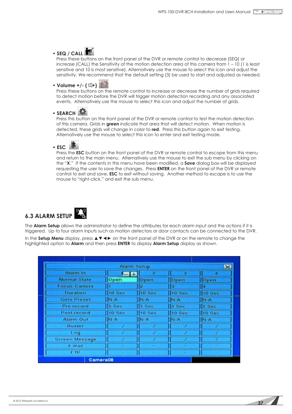 3 alarm setup | Staub Electronics WPS-100-DVR-8CH WIREPATH - 8 CHANNEL DVR W_500GB HDD User Manual | Page 37 / 115