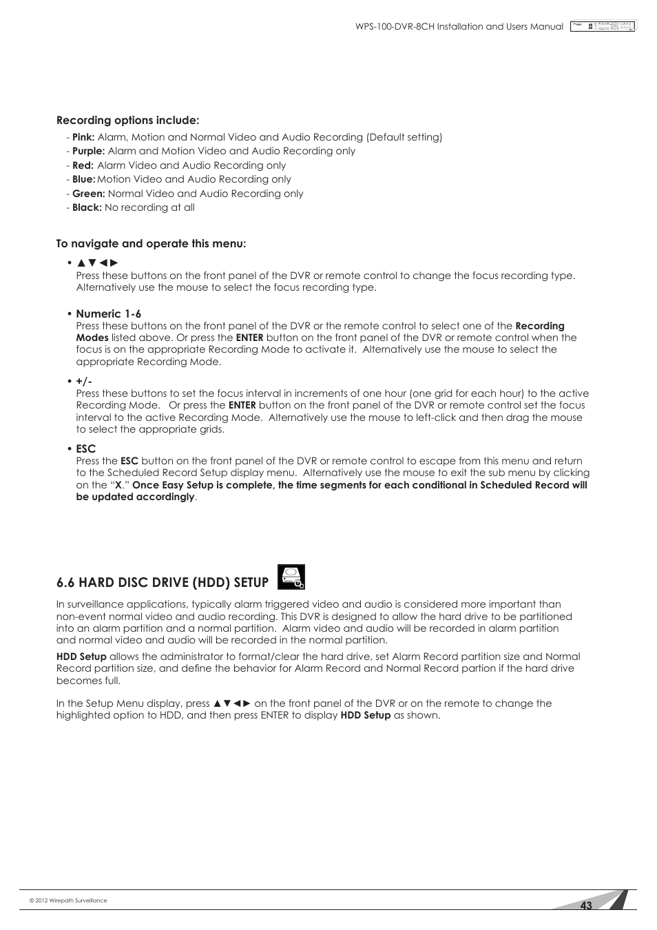 6 hard disc drive (hdd) setup | Staub Electronics WPS-100-DVR-8CH WIREPATH - 8 CHANNEL DVR W_500GB HDD User Manual | Page 43 / 115