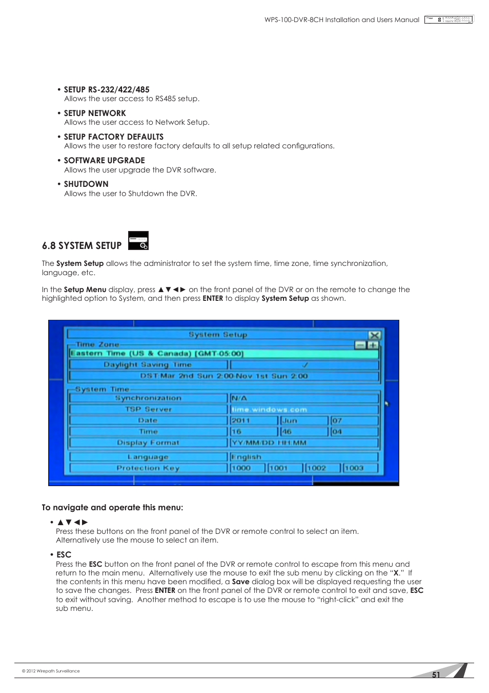 8 system setup | Staub Electronics WPS-100-DVR-8CH WIREPATH - 8 CHANNEL DVR W_500GB HDD User Manual | Page 51 / 115