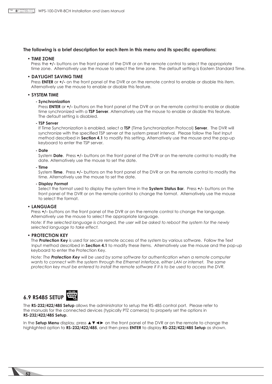 9 rs485 setup | Staub Electronics WPS-100-DVR-8CH WIREPATH - 8 CHANNEL DVR W_500GB HDD User Manual | Page 52 / 115