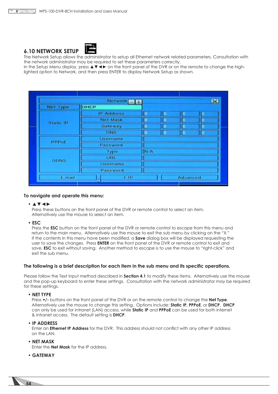 10 network setup | Staub Electronics WPS-100-DVR-8CH WIREPATH - 8 CHANNEL DVR W_500GB HDD User Manual | Page 54 / 115