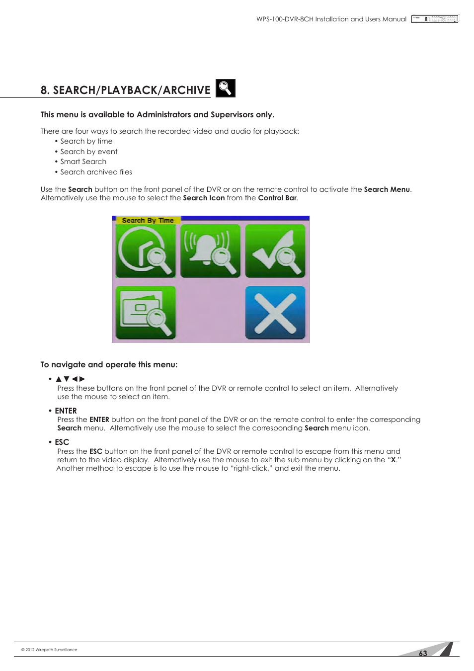 Search/playback/archive | Staub Electronics WPS-100-DVR-8CH WIREPATH - 8 CHANNEL DVR W_500GB HDD User Manual | Page 63 / 115