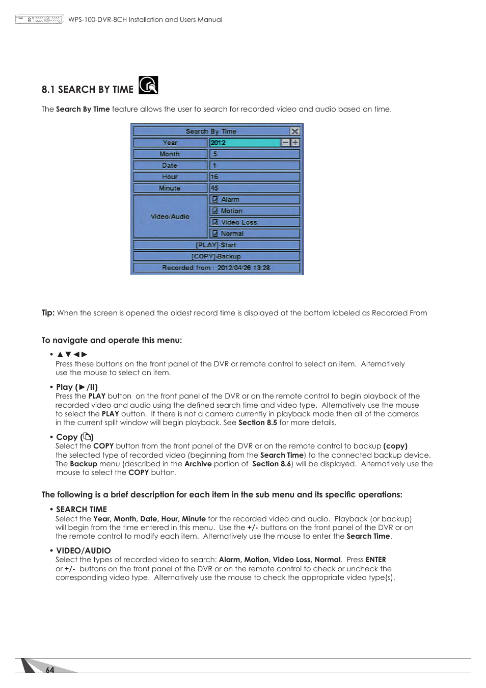 1 search by time | Staub Electronics WPS-100-DVR-8CH WIREPATH - 8 CHANNEL DVR W_500GB HDD User Manual | Page 64 / 115