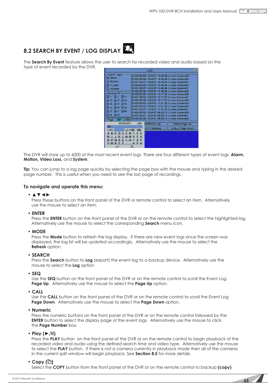 2 search by event / log display | Staub Electronics WPS-100-DVR-8CH WIREPATH - 8 CHANNEL DVR W_500GB HDD User Manual | Page 65 / 115