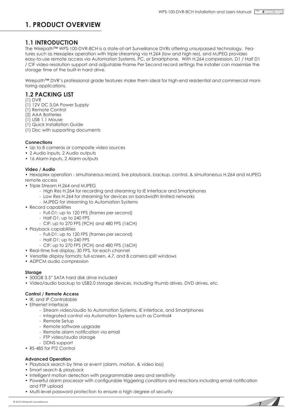 Product overview, 1 introduction, 2 packing list | Staub Electronics WPS-100-DVR-8CH WIREPATH - 8 CHANNEL DVR W_500GB HDD User Manual | Page 7 / 115